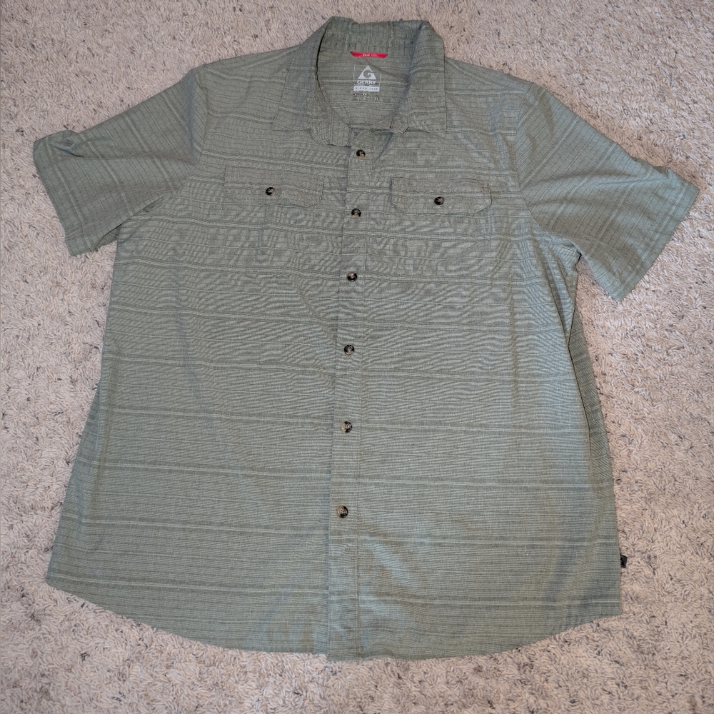 GERRY Men’s Button-Up Short Sleeve Striped Shirt XL Olive Green Stretch